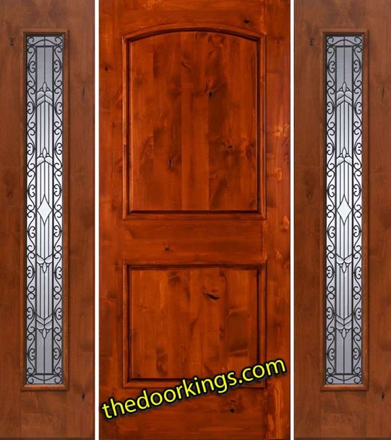 sw66 knotty alder wood door with two iron classic sidelites